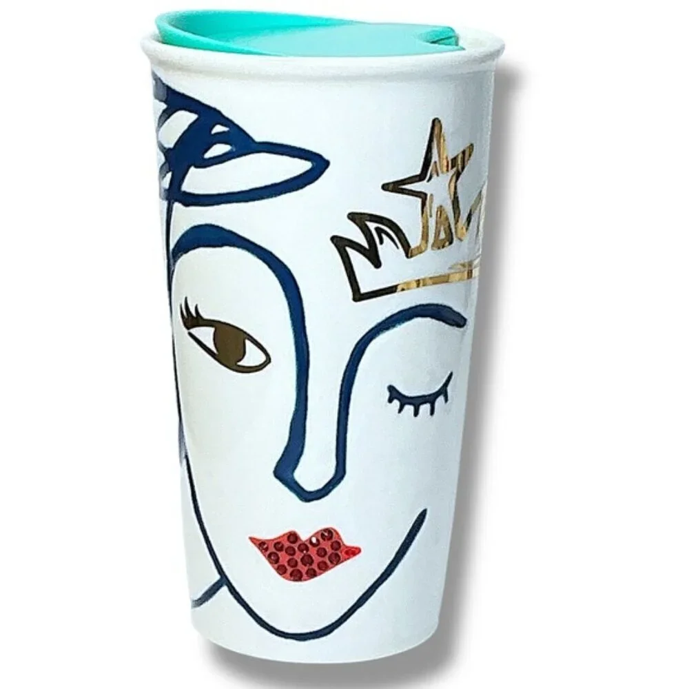 Starbucks 2016 Anniversary Ceramic Tumbler Swarovski Red Crystal Lip Siren Mug